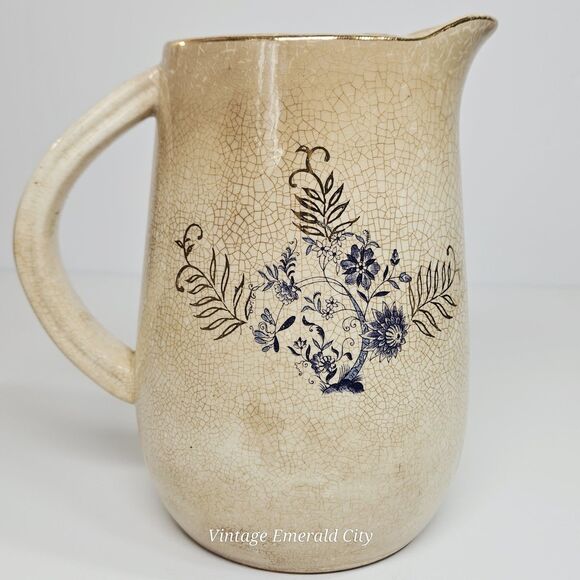 Antique English Ironstone Blue Pitcher Transferware Floral Stained Crazed Jug - Picture 3 of 13